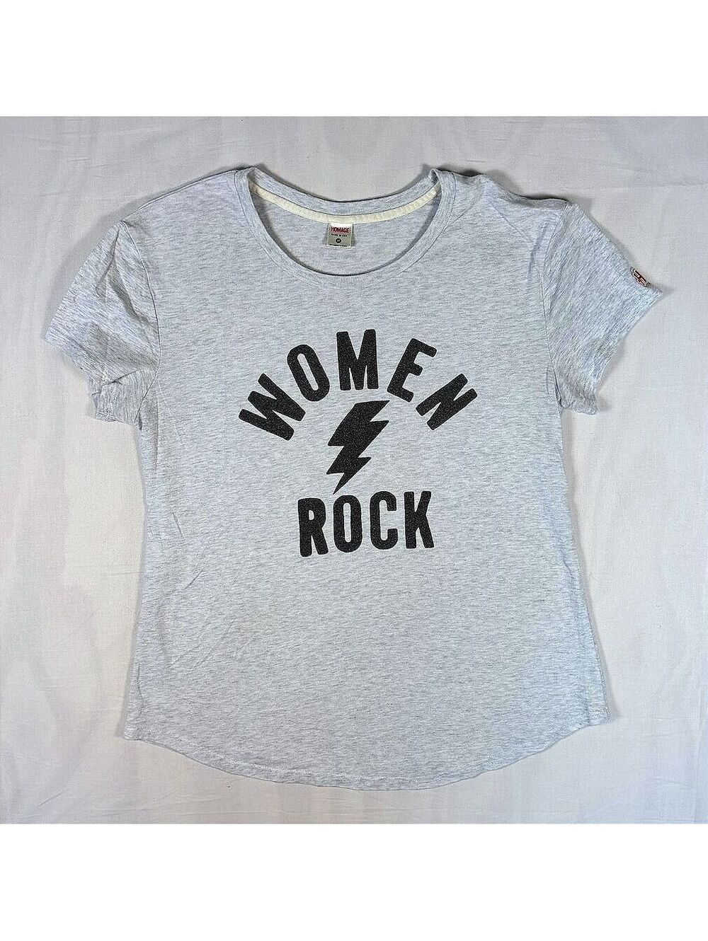 Homage "Women Rock" Gray Lightning Bolt Graphic Tee Size Medium Made in USA